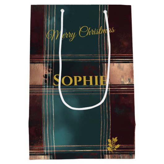 Blauwgroen en Bourgogne Metallic Plaid Kerstmis Medium Cadeauzakje (Achterkant)
