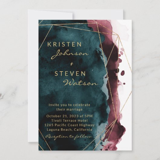 Blauwgroen en Bourgognige Waterverf - Uitnodiging (Voorkant)