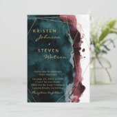 Blauwgroen en Bourgognige Waterverf - Uitnodiging (Staand voorkant)