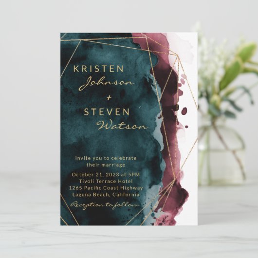 Blauwgroen en Bourgognige Waterverf - Uitnodiging (Staand voorkant)