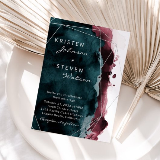 Blauwgroen en Bourgognige Waterverf - Uitnodiging