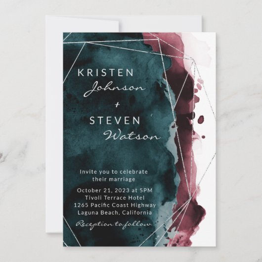 Blauwgroen en Bourgognige Waterverf - Uitnodiging (Voorkant)