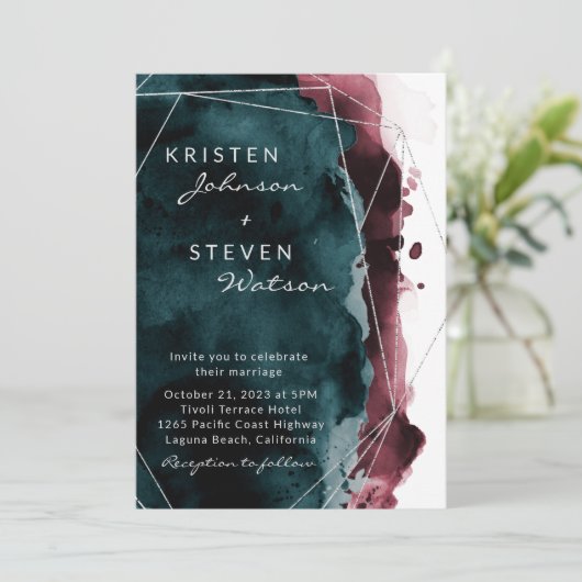 Blauwgroen en Bourgognige Waterverf - Uitnodiging (Staand voorkant)