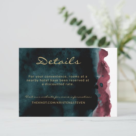 Blauwgroen en Bourgondische bruiloft Details Behui Informatiekaartje (Staand voorkant)