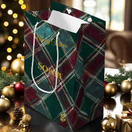 Blauwgroen en Bourgondische Plaid Kerstmis Feestel Medium Cadeauzakje