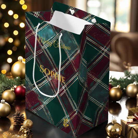 Blauwgroen en Bourgondische Plaid Kerstmis Feestel Medium Cadeauzakje