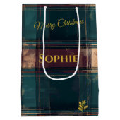 Blauwgroen en Bourgondische Plaid Kerstmis geperso Medium Cadeauzakje (Achterkant)