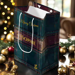 Blauwgroen en Bourgondische Plaid Kerstmis geperso Medium Cadeauzakje