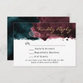 Blauwgroen en Bourgondische Waterverf QR Code RSVP (Voorkant / Achterkant)