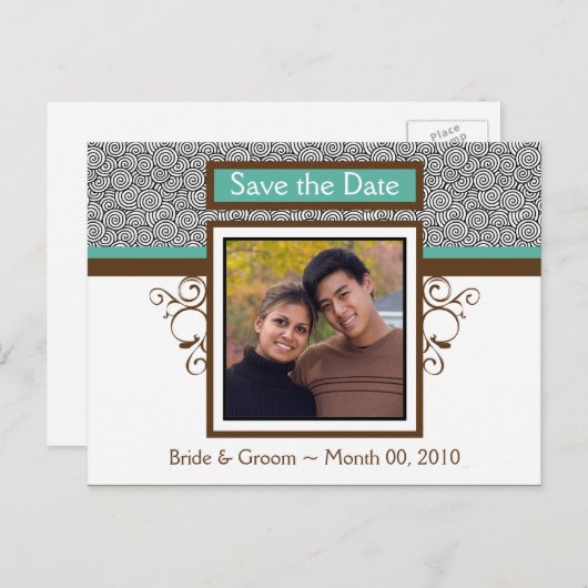 Blauwgroen en Bruin Bewaar de datum Foto Briefkaar Aankondigingskaart (Voorkant / Achterkant)