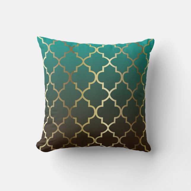 Blauwgroen en bruin mengsel | Gold Quatrefoil Patr Kussen (Voorkant)