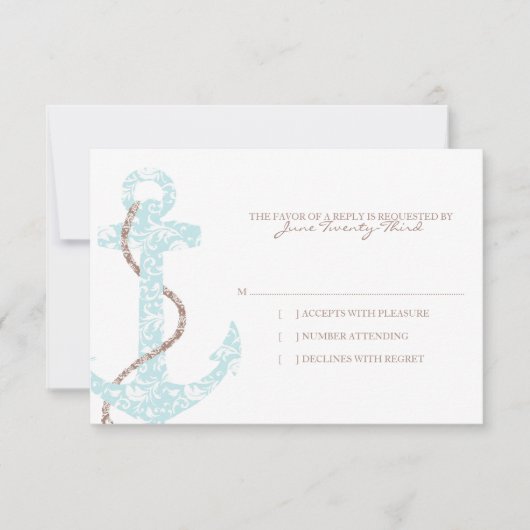Blauwgroen en bruine Anchor Beach Wedding rsvp (Voorkant)