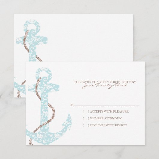 Blauwgroen en bruine Anchor Beach Wedding rsvp (Voorkant / Achterkant)