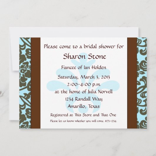 Blauwgroen en bruine Brocade Bridal Shower-uitnodi Kaart (Achterkant)