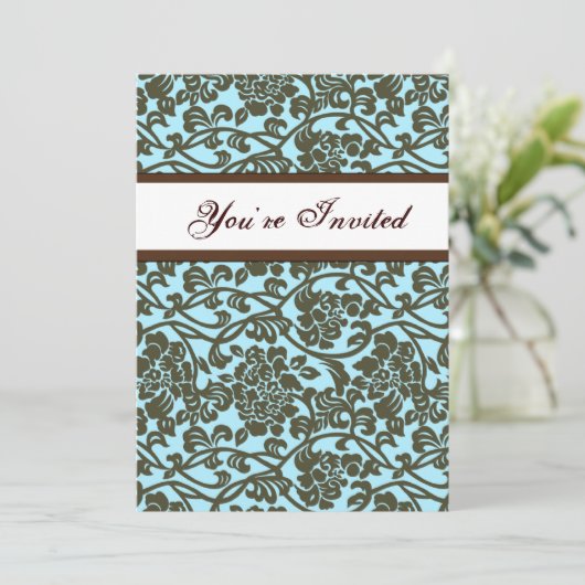 Blauwgroen en bruine Damask Housewarming Invitatio Kaart (Staand voorkant)