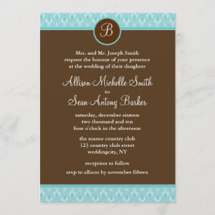 Blauwgroen en bruine Damask Pattern Wedding Invita Kaart