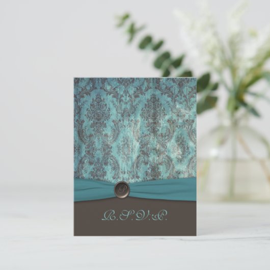 Blauwgroen en bruine Damask RSVP-kaart Bedankkaart (Staand voorkant)