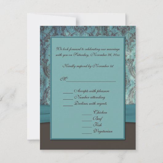  Blauwgroen en bruine Damask RSVP-kaart Bedankkaart (Achterkant)