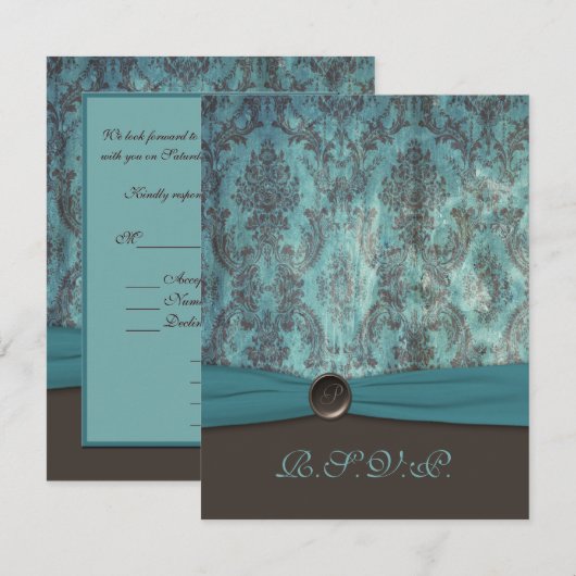  Blauwgroen en bruine Damask RSVP-kaart Bedankkaart (Voorkant / Achterkant)