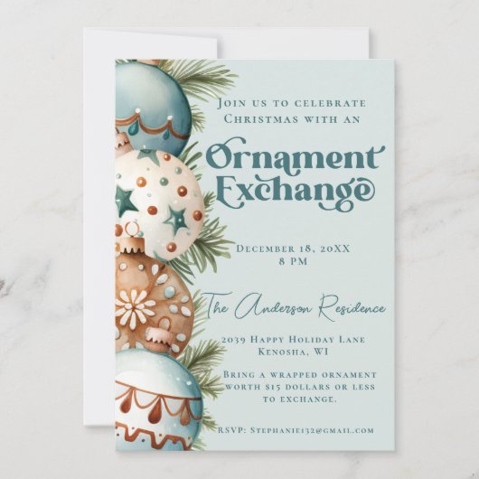 Blauwgroen en bruine kerst Ornament Exchange Kaart (Voorkant)