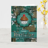 Blauwgroen en bruine urbane graffiti cupcake Birth Kaart (Gele Bloem)