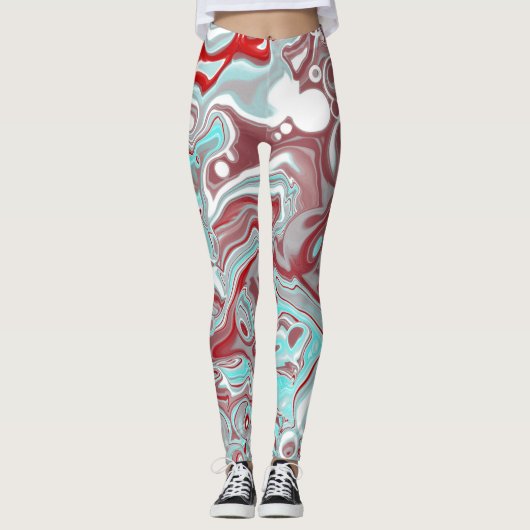 Blauwgroen en Burgundy Marble Digital Fluid Art Leggings (Voorkant)