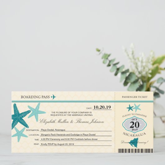 Blauwgroen en Buttercream Nicaragua Boarding Pass Kaart (Staand voorkant)