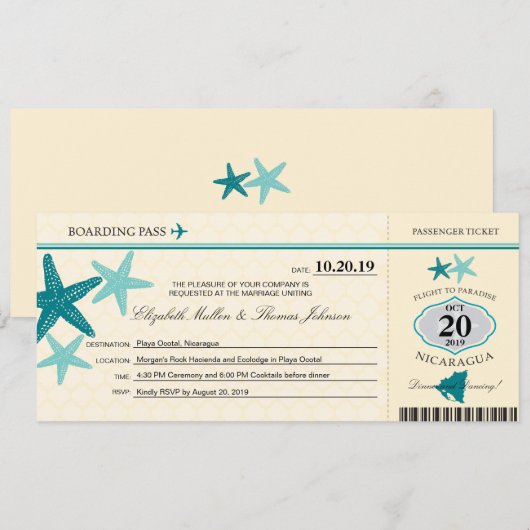 Blauwgroen en Buttercream Nicaragua Boarding Pass Kaart (Voorkant / Achterkant)