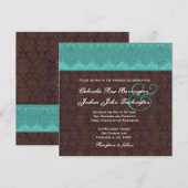 Blauwgroen en chocolade Damask Monogram Wedding V0 Kaart (Voorkant / Achterkant)