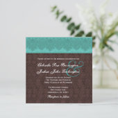Blauwgroen en chocolade Damask Monogram Wedding V0 Kaart (Staand voorkant)