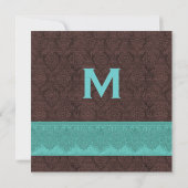 Blauwgroen en chocolade Damask Monogram Wedding V0 Kaart (Achterkant)