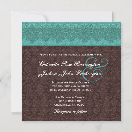 Blauwgroen en chocolade Damask Monogram Wedding V0 Kaart (Voorkant)