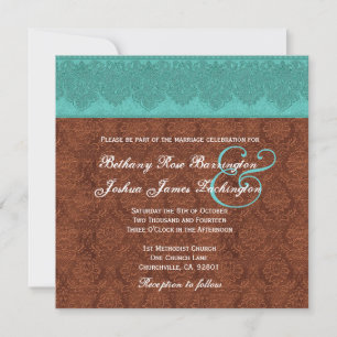 Blauwgroen en chocolade Damask Monogram Wedding V1 Kaart