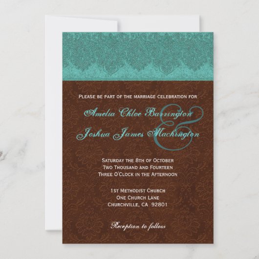 Blauwgroen en chocolade Damask Monogram Wedding V1 Kaart (Voorkant)