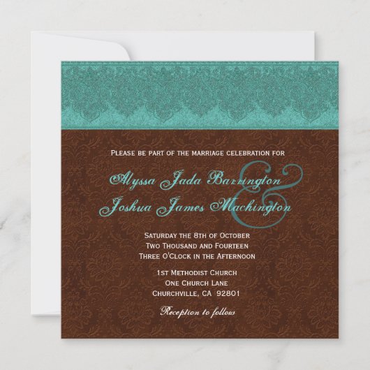 Blauwgroen en chocolade Damask Monogram Wedding V1 Kaart (Voorkant)