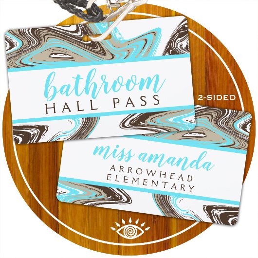 blauwgroen en chocoladestreken BATHROOM HALL PASS Badge