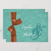 Blauwgroen en Cinammon Damask Bow Wedding Sjabloon Kaart (Voorkant / Achterkant)