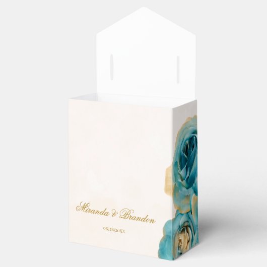 Blauwgroen en Creamy Gold Florals Wedding Bedankdoosjes (Geopend)