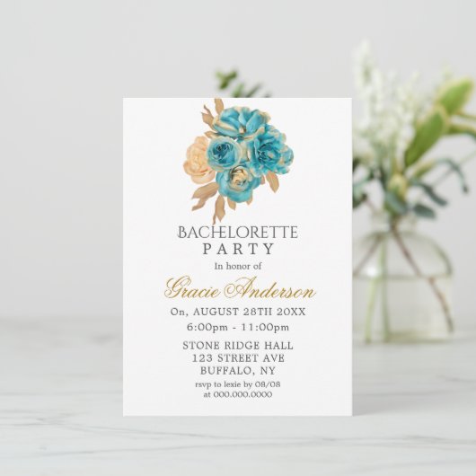Blauwgroen en Creamy Gold Rozen Bachelorette Party Kaart (Staand voorkant)