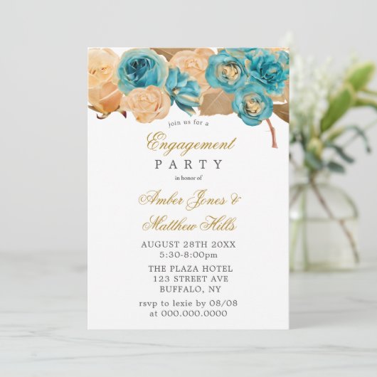 Blauwgroen en Creamy Gold Rozen Engagement Party Kaart (Staand voorkant)