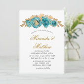 Blauwgroen en Creamy Gold Rozen Wedding Invitation (Staand voorkant)