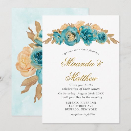 Blauwgroen en Creamy Gold Rozen Wedding Invitation (Voorkant / Achterkant)