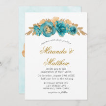Blauwgroen en Creamy Gold Rozen Wedding Invitation
