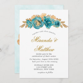 Blauwgroen en Creamy Gold Rozen Wedding Invitation