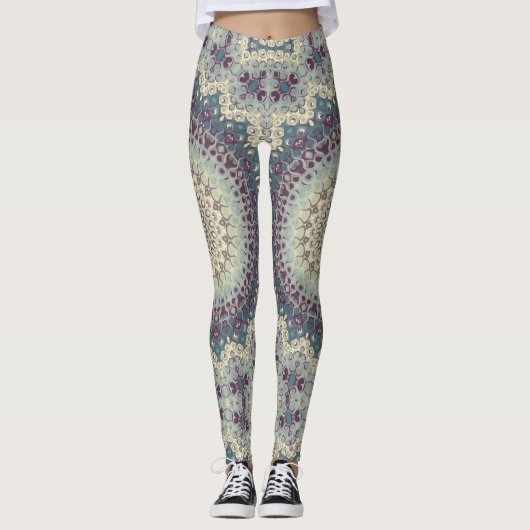 Blauwgroen en Crème Mandala Patroon Ontwerp Leggings (Voorkant)