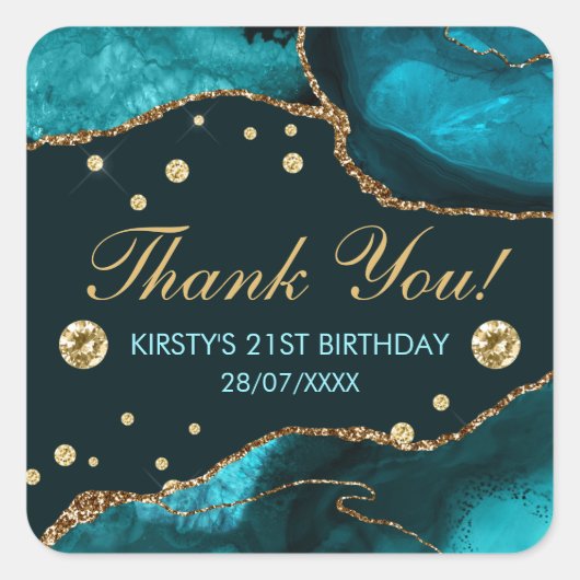 Blauwgroen en Faux Gold Glitter Agate Birthday Vierkante Sticker (Voorkant)