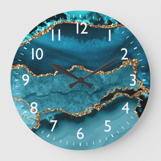 Blauwgroen en Faux Gold Glitter Marble Agate Grote Klok (Voorkant)
