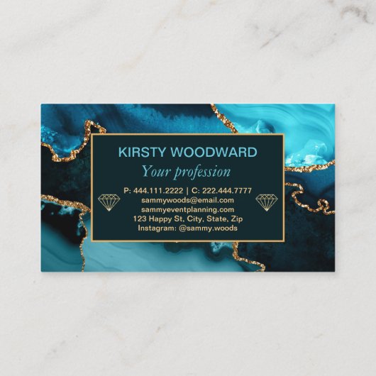 Blauwgroen en Faux Gold Glitter Marble Agate Visitekaartje (Achterkant)