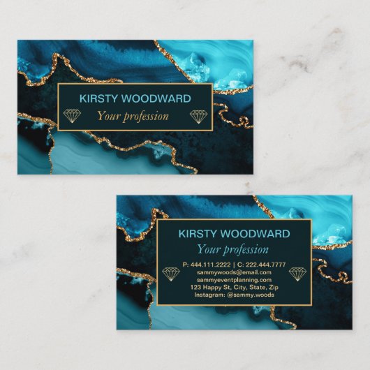 Blauwgroen en Faux Gold Glitter Marble Agate Visitekaartje (Voorkant / Achterkant)