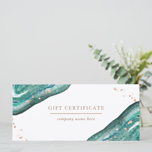 Blauwgroen en Faux Roos Gold Geode | Cadeaubon (Staand voorkant)